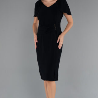 Siyah Kısa Kol V Yaka Midi Büyük Beden Davet Elbisesi ABK2432