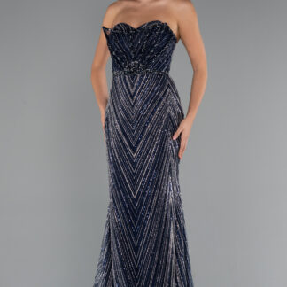 Lacivert Straplez Yaka Uzun Taşlı Özel Tasarım Abiye ABU5237