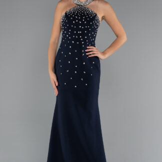 Lacivert Boncuklu Halter Yaka Uzun Balık Abiye Elbise ABU5257