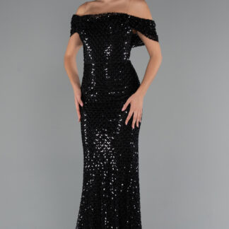 Siyah Kayık Yaka Taşlı Uzun Balık Abiye Elbise ABU5239