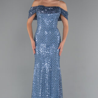 İndigo Kayık Yaka Taşlı Uzun Balık Abiye Elbise ABU5239