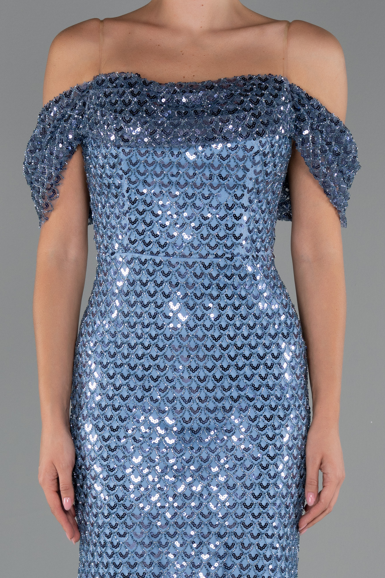 İndigo Kayık Yaka Taşlı Uzun Balık Abiye Elbise ABU5239 - Görsel 3