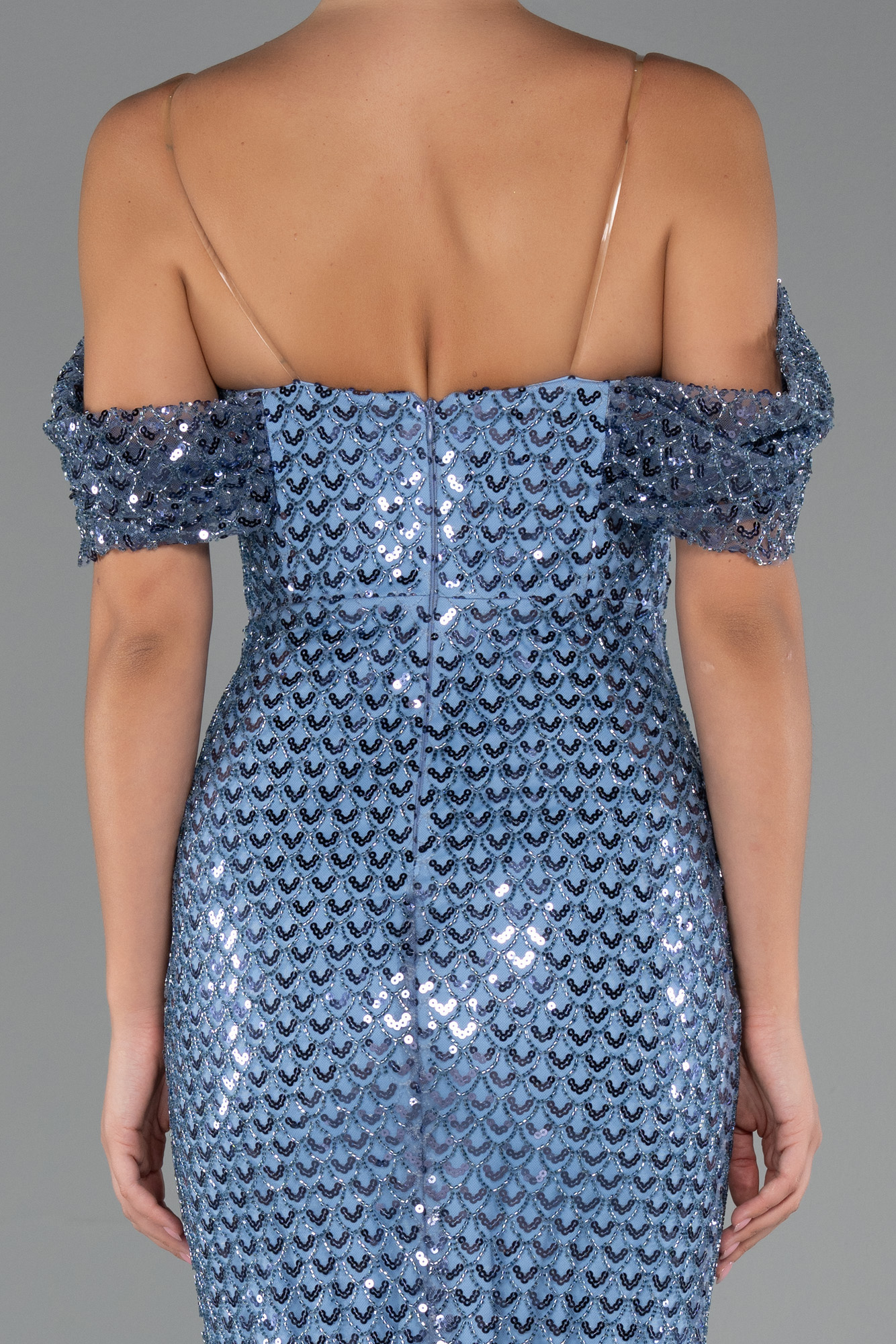 İndigo Kayık Yaka Taşlı Uzun Balık Abiye Elbise ABU5239 - Görsel 4