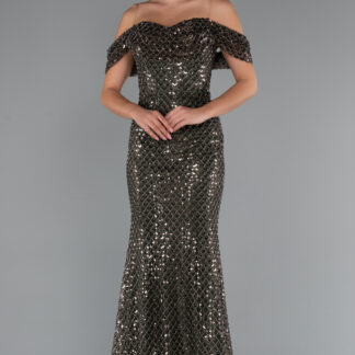 Haki Kayık Yaka Taşlı Uzun Balık Abiye Elbise ABU5239