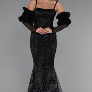 Siyah Askılı Kol Aksesuarlı Uzun Taşlı Abiye ABU5240