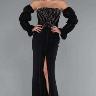 Siyah Taşlı Straplez Yırtmaçlı Uzun Şifon Abiye ABU5241