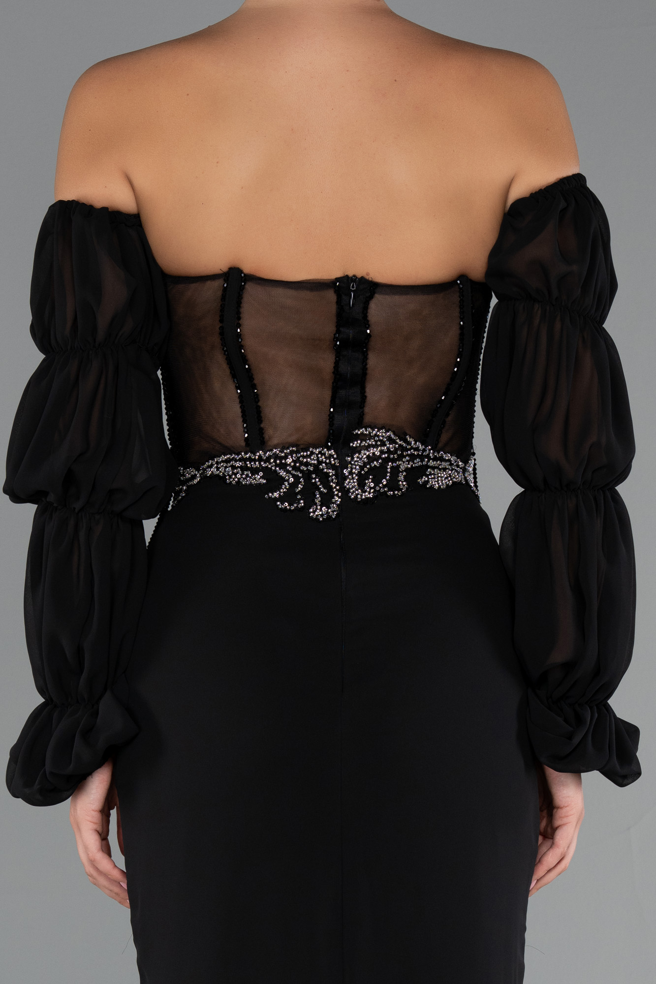 Siyah Taşlı Straplez Yırtmaçlı Uzun Şifon Abiye ABU5241 - Görsel 5