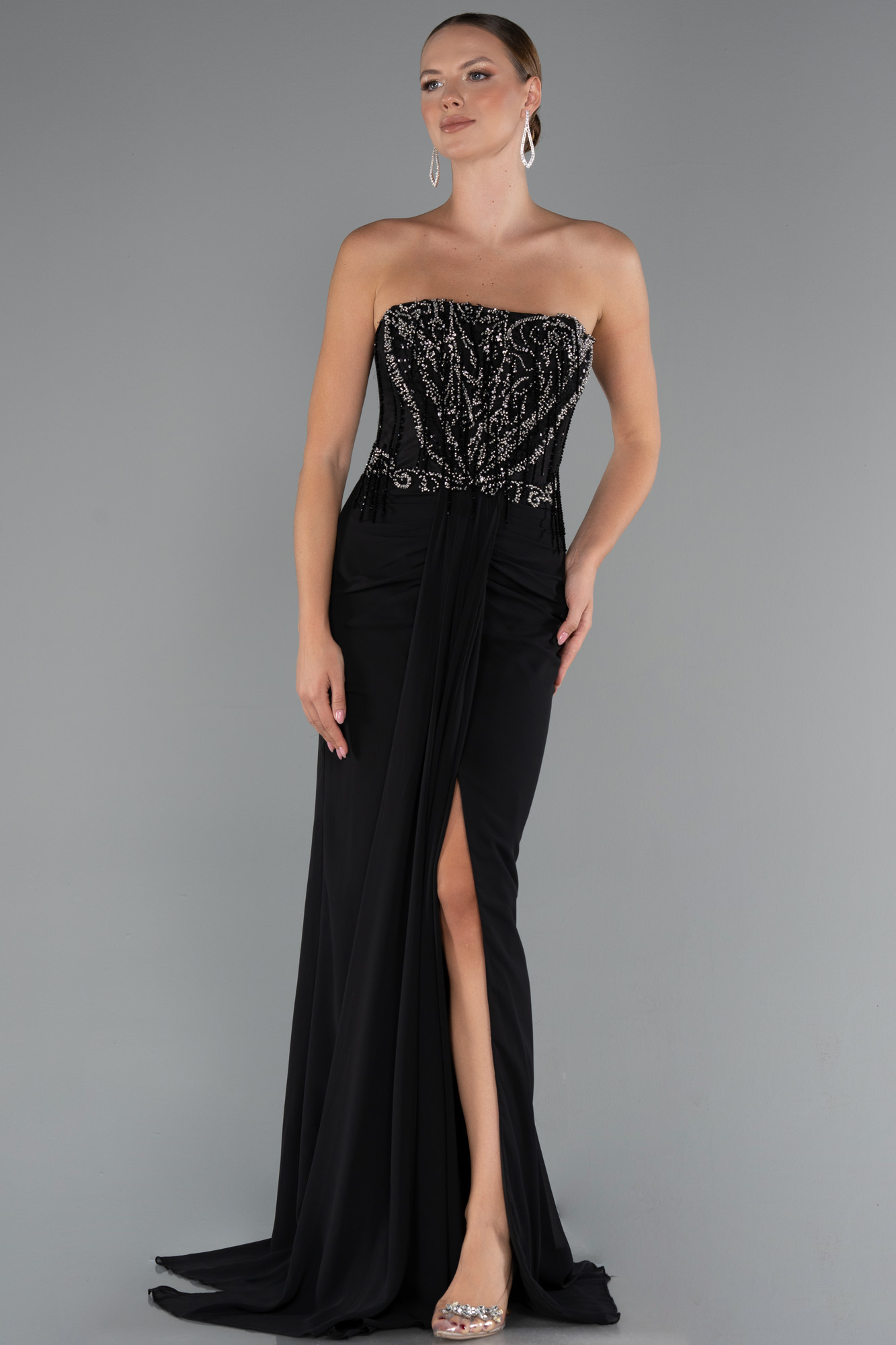 Siyah Taşlı Straplez Yırtmaçlı Uzun Şifon Abiye ABU5241 - Görsel 2