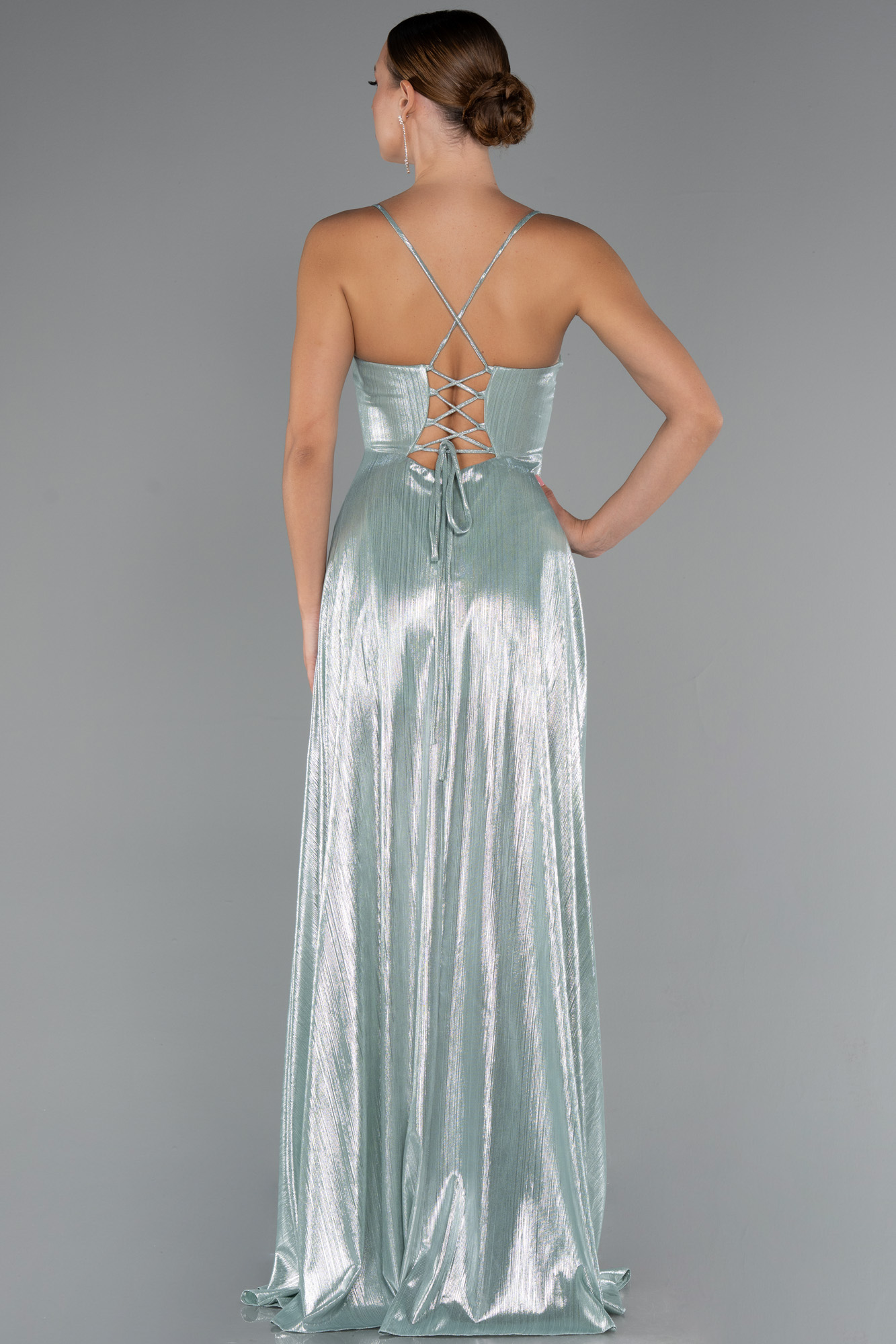 Mint Bacak Ve Sırt Dekolteli Parlak Kumaş Uzun Abiye ABU4996 - Görsel 2