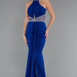 Saks Mavi Halter Yaka Bacak Dekolteli Uzun Abiye Elbise ABU5258