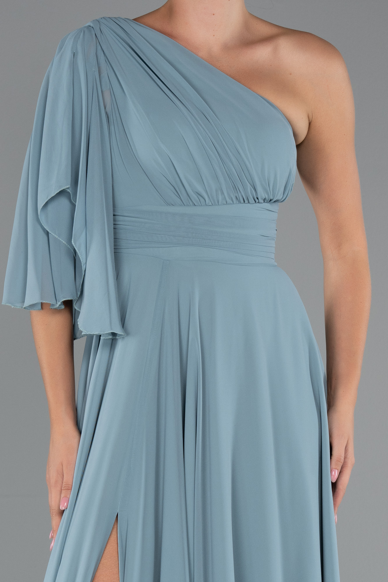 Firuze Tek Kol Yırtmaçlı Uzun Şifon Büyük Beden Abiye ABU5260 - Görsel 3