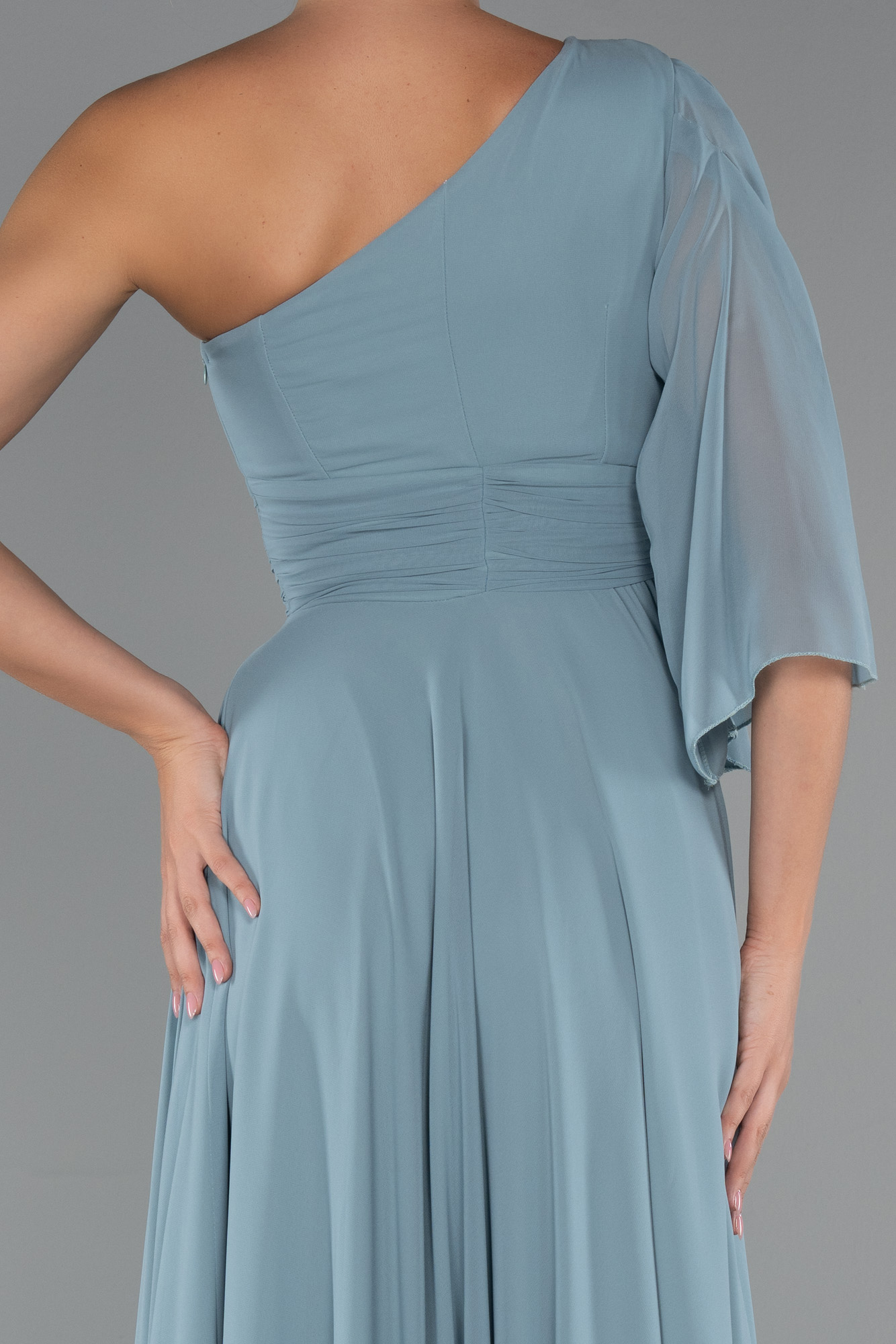 Firuze Tek Kol Yırtmaçlı Uzun Şifon Büyük Beden Abiye ABU5260 - Görsel 4