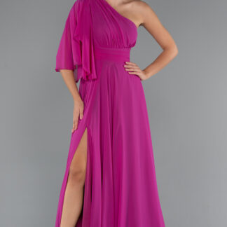 Fuşya Asimetrik Tek Kol Yırtmaçlı Uzun Şifon Abiye ABU5259