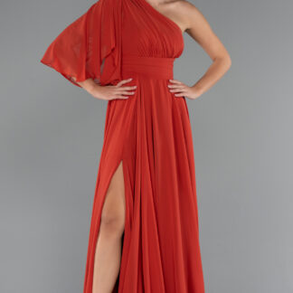 Kiremit Asimetrik Tek Kol Yırtmaçlı Uzun Şifon Abiye ABU5259