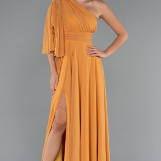 Orange Asimetrik Tek Kol Yırtmaçlı Uzun Şifon Abiye ABU5259