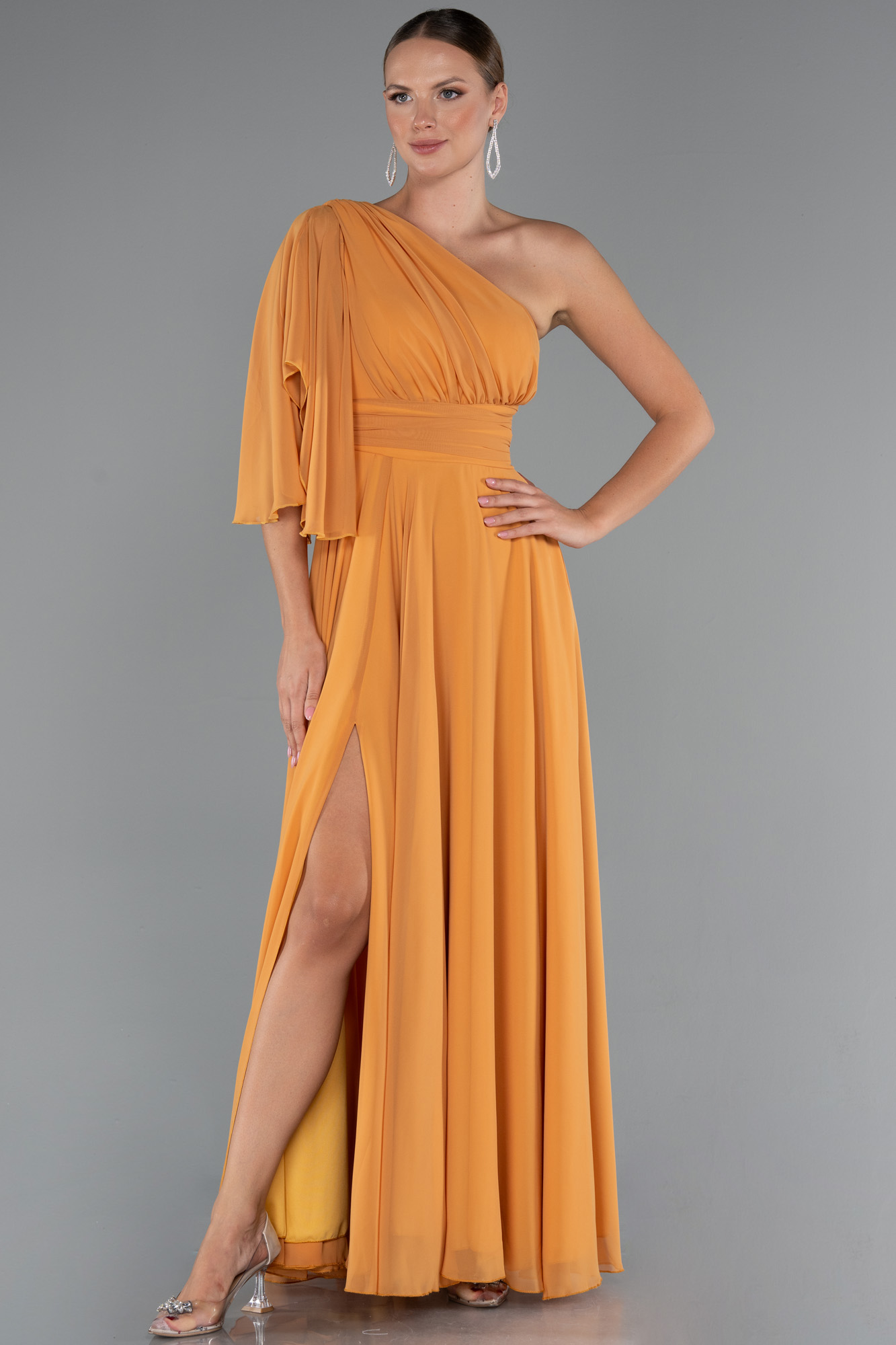 Orange Asimetrik Tek Kol Yırtmaçlı Uzun Şifon Abiye ABU5259