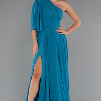 Petrol Yeşili Tek Kol Yırtmaçlı Uzun Şifon Abiye ABU5259