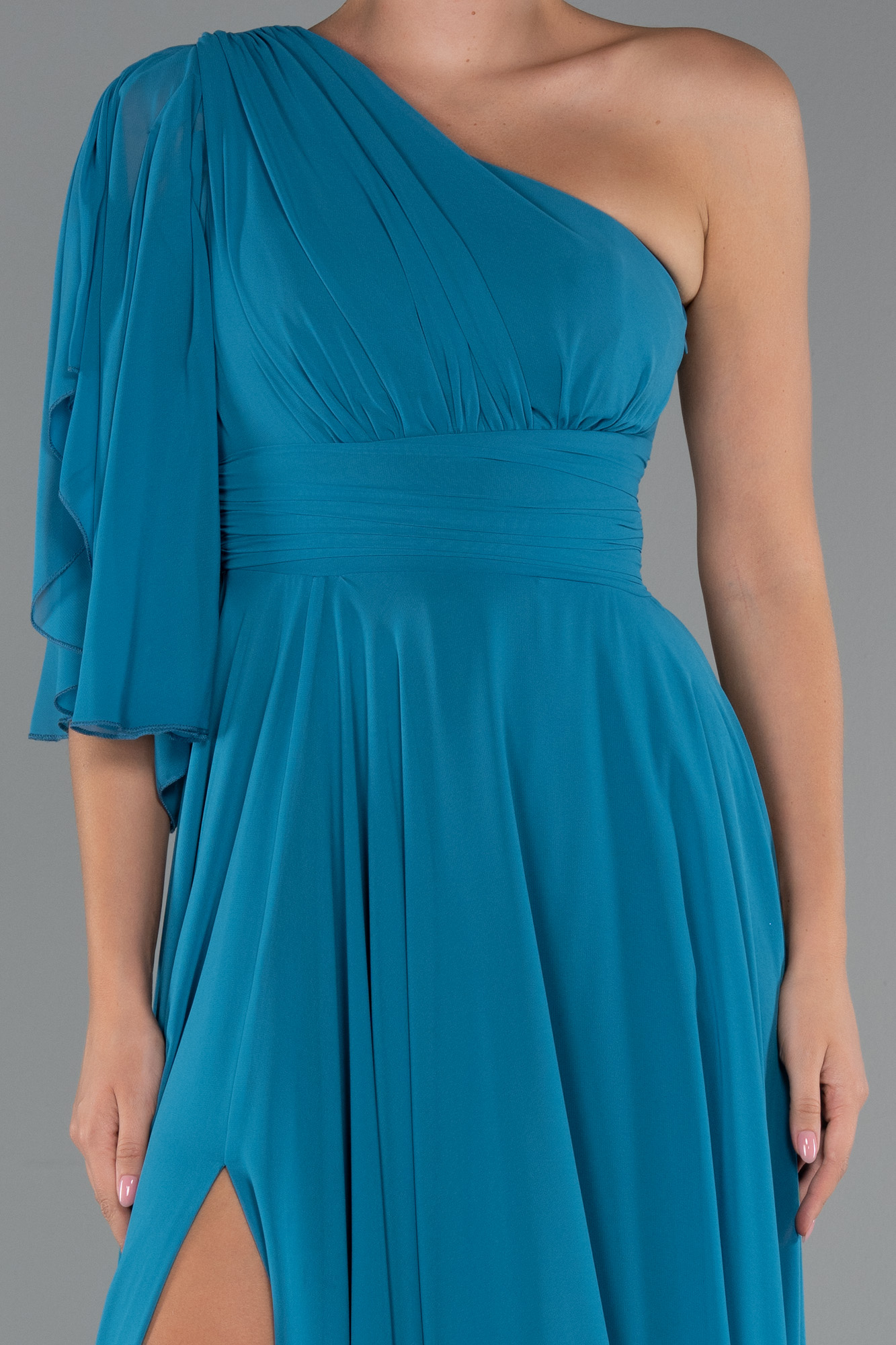 Petrol Yeşili Tek Kol Yırtmaçlı Uzun Şifon Abiye ABU5259 - Görsel 3