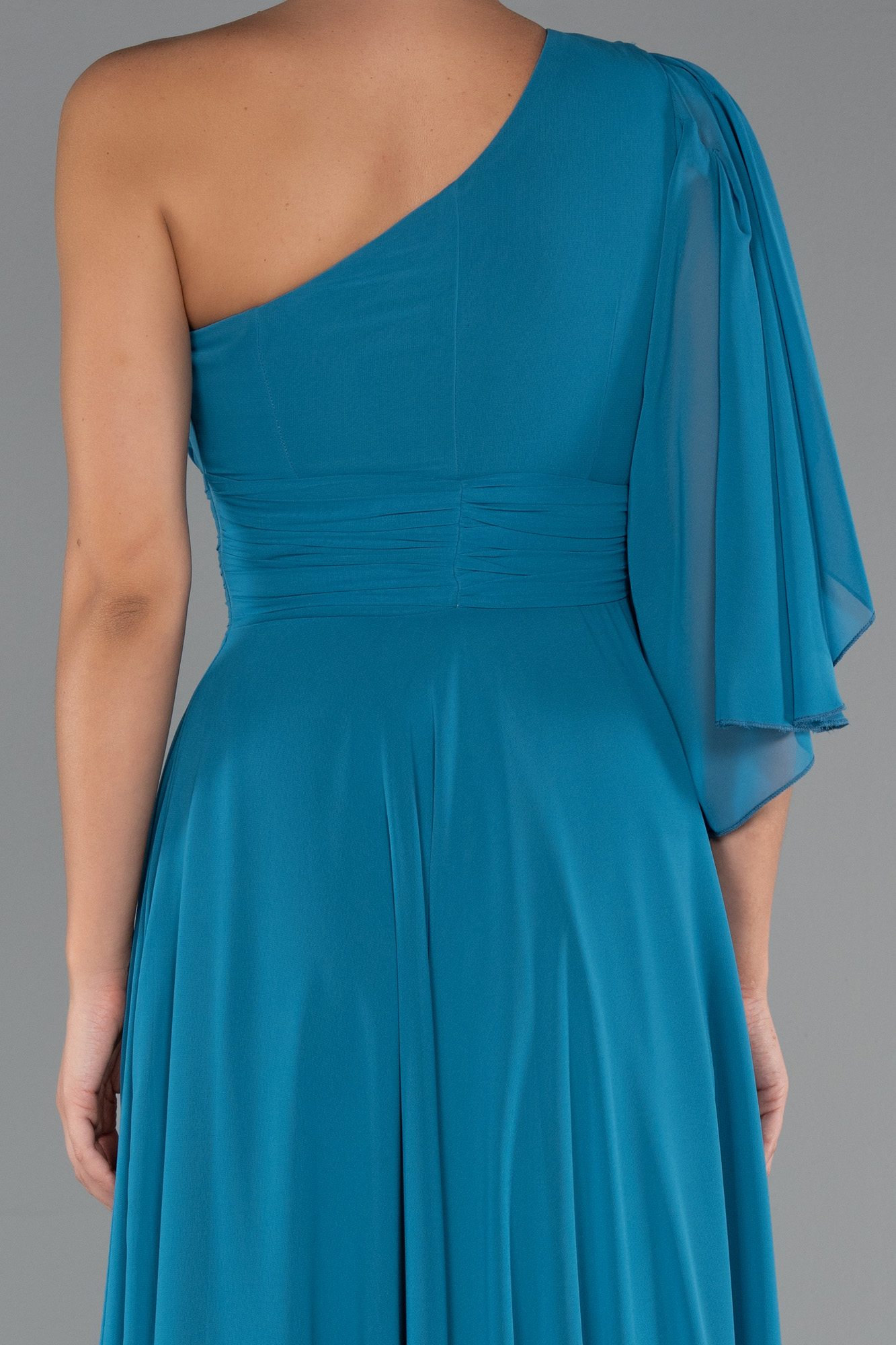 Petrol Yeşili Tek Kol Yırtmaçlı Uzun Şifon Abiye ABU5259 - Görsel 4