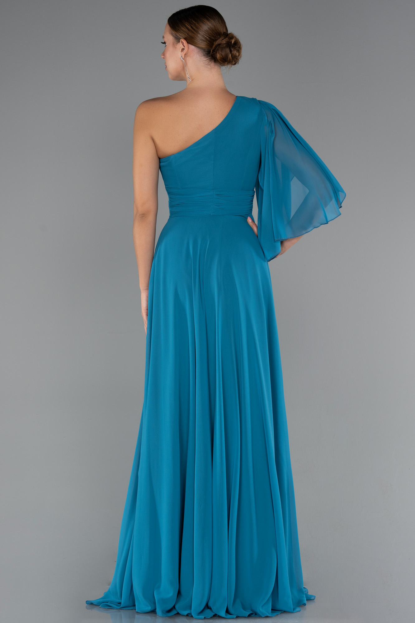 Petrol Yeşili Tek Kol Yırtmaçlı Uzun Şifon Abiye ABU5259 - Görsel 2