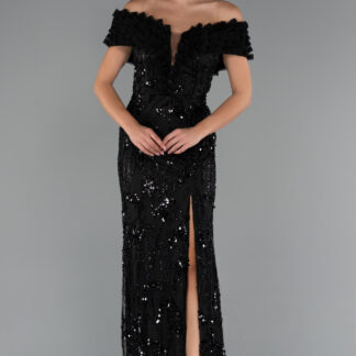 Siyah Kayık Yaka Yırtmaçlı Uzun Taşlı Balık Abiye ABU5244