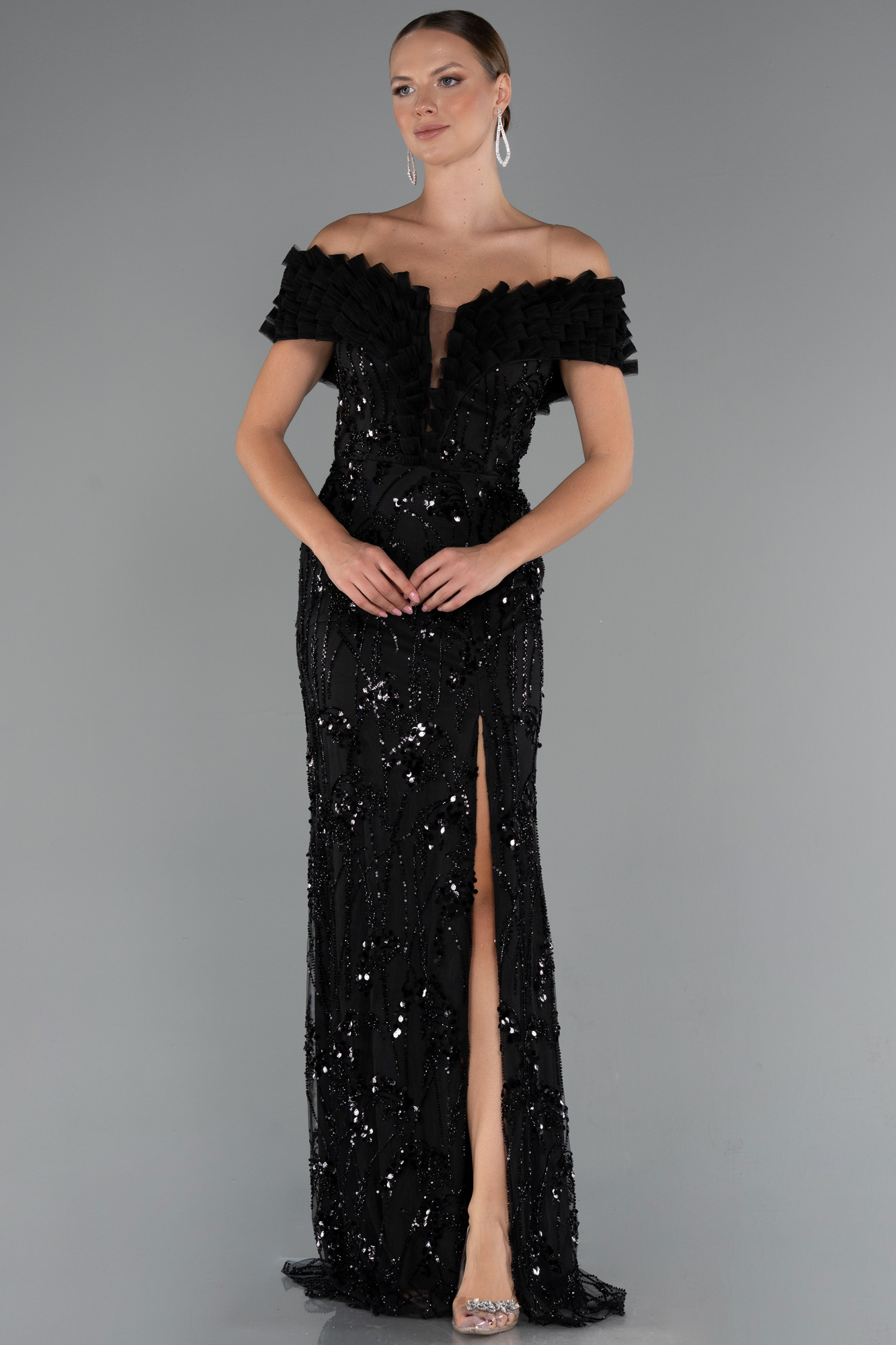 Siyah Kayık Yaka Yırtmaçlı Uzun Taşlı Balık Abiye ABU5244