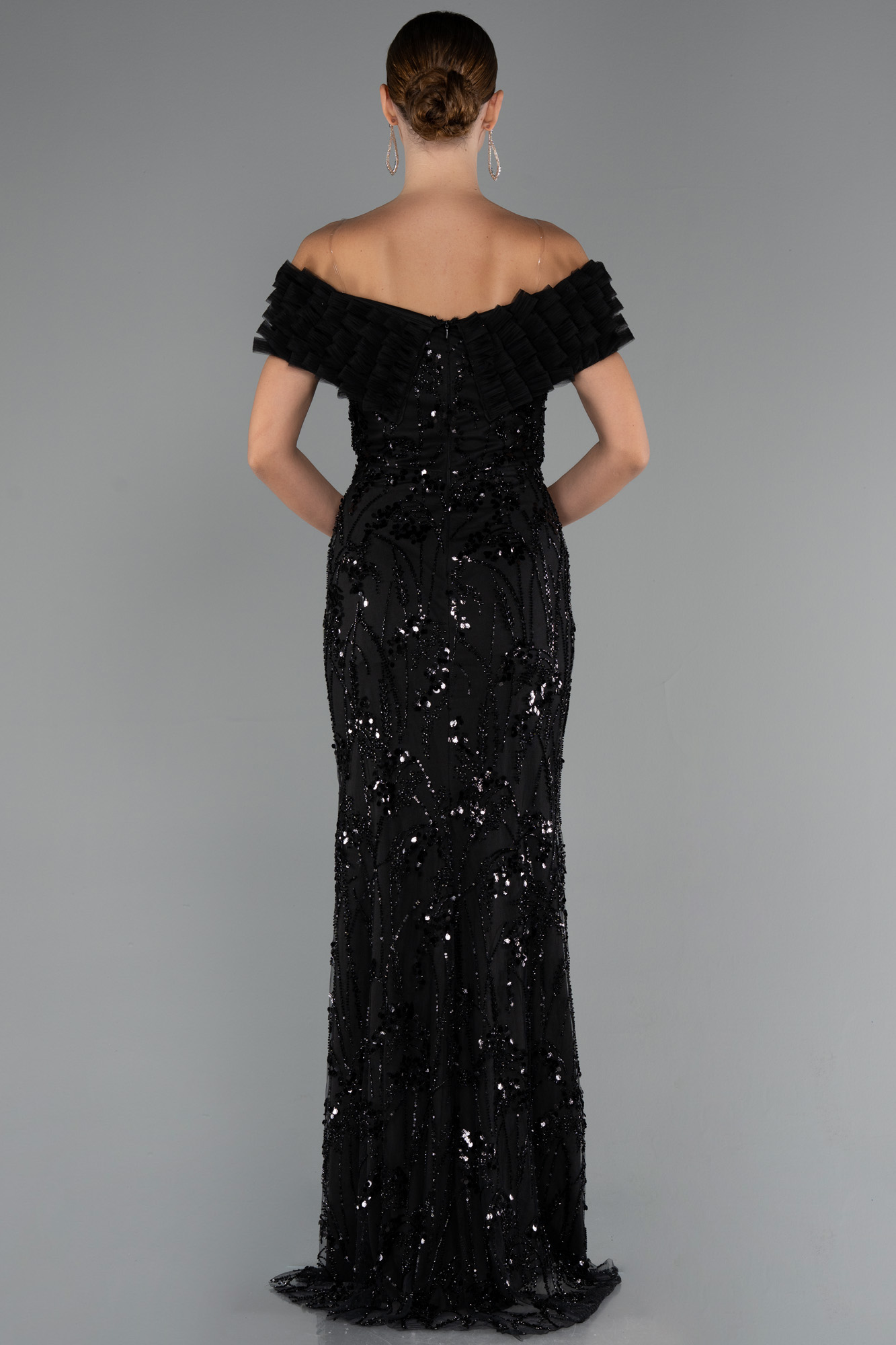 Siyah Kayık Yaka Yırtmaçlı Uzun Taşlı Balık Abiye ABU5244 - Görsel 2