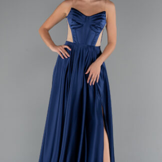 Lacivert Straplez Yırtmaçlı Cut Out Uzun Saten Abiye ABU5246