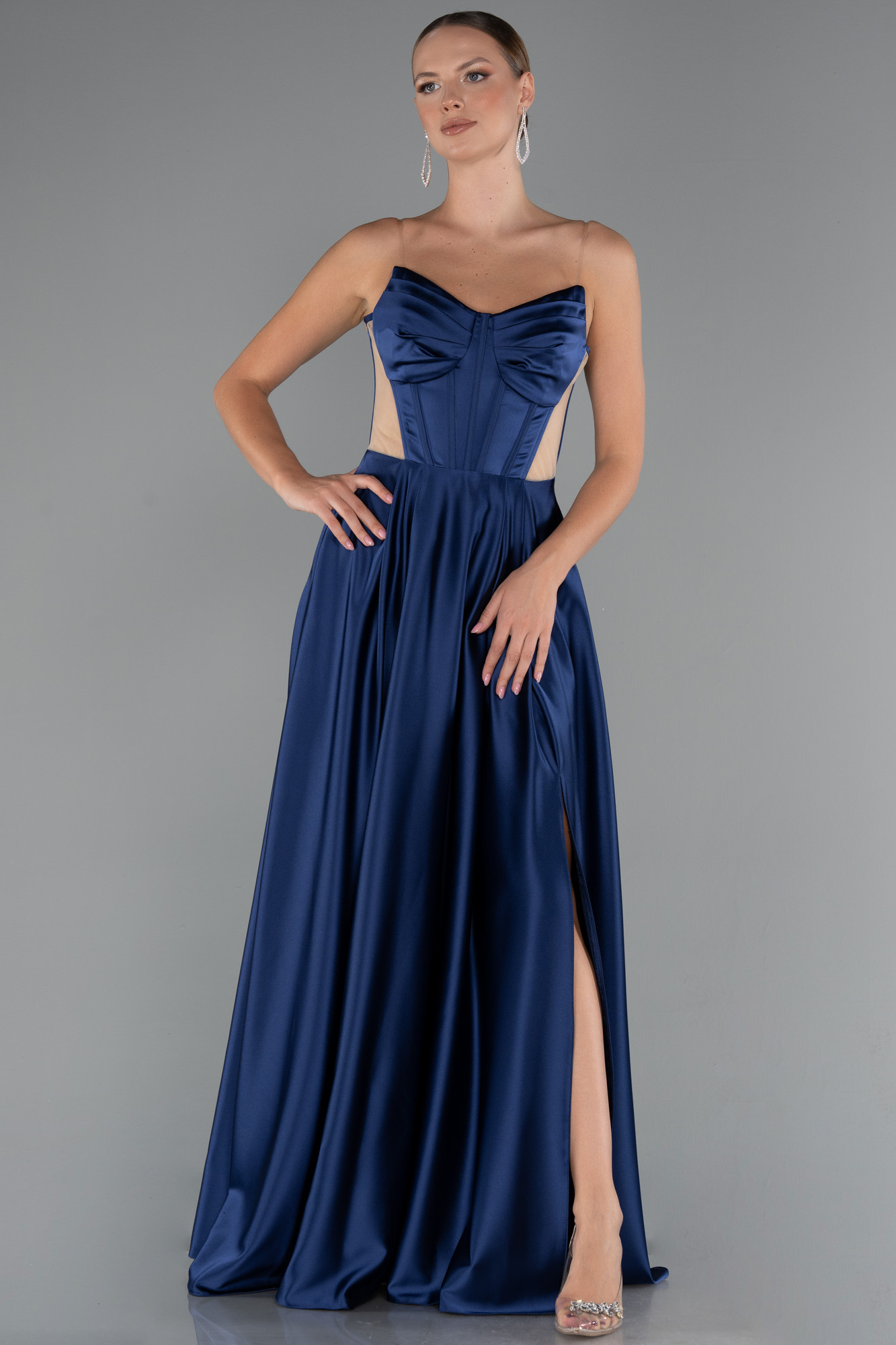 Lacivert Straplez Yırtmaçlı Cut Out Uzun Saten Abiye ABU5246