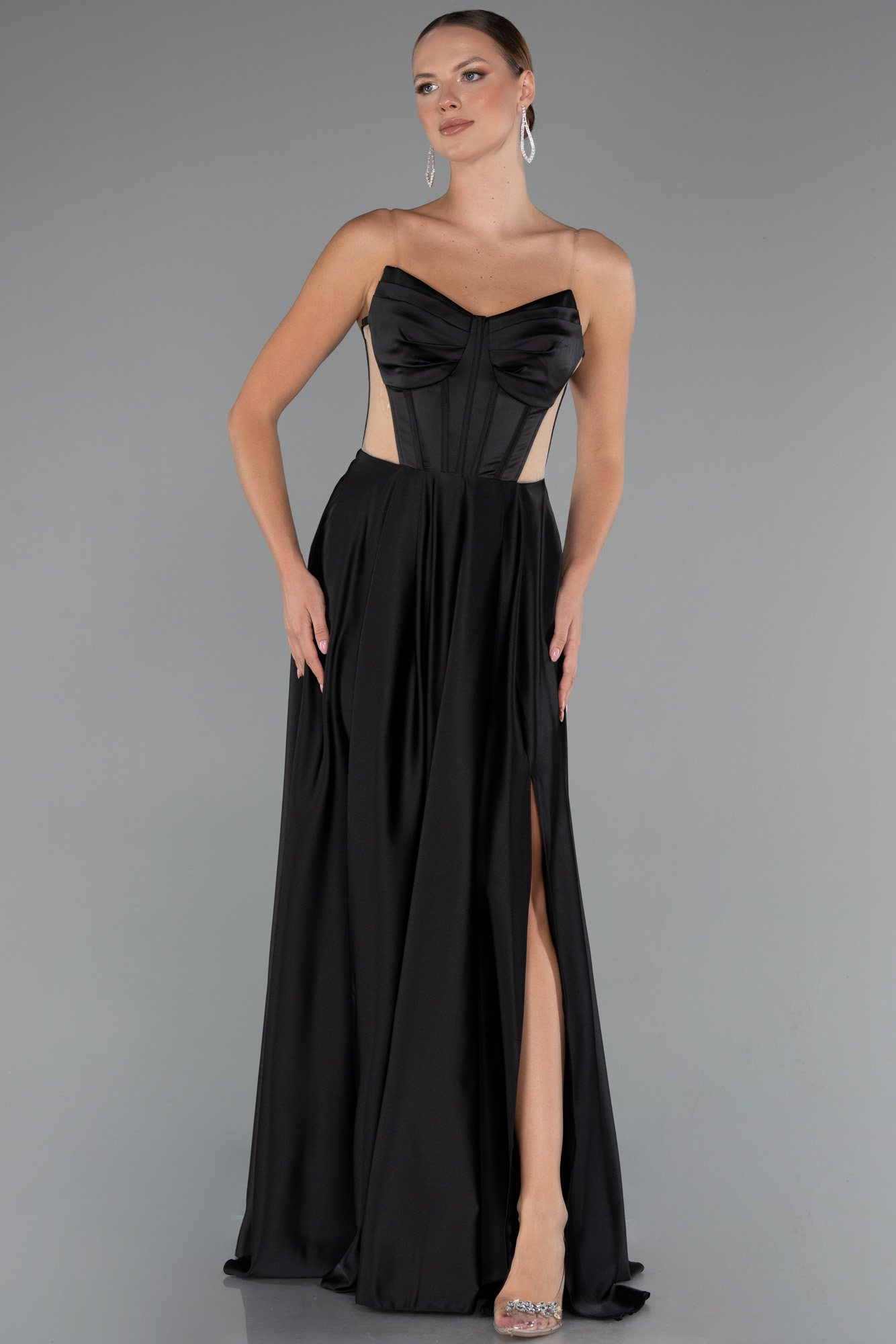 Lacivert Straplez Yırtmaçlı Cut Out Uzun Saten Abiye ABU5246 - Görsel 5