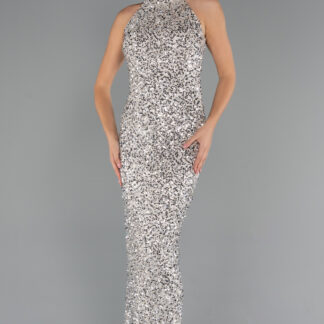 Bej Halter Yaka Midi Pul Payet Abiye Elbise ABU5247