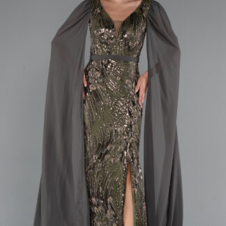 Haki Uzun Şal Kol Boncuk İşlemeli Yırtmaçlı Abiye Elbise ABU5248