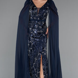 Lacivert Uzun Şal Kol Boncuklu Yırtmaçlı Abiye Elbise ABU5248