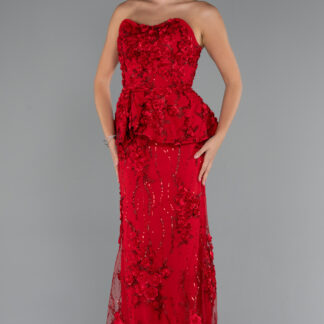 Kırmızı Straplez 3D Çiçek İşlemeli Peplum Uzun Abiye ABU5249