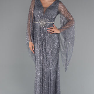 Antrasit Simli Uzun Kol Beli Taşlı Özel Tasarım Abiye ABU5230