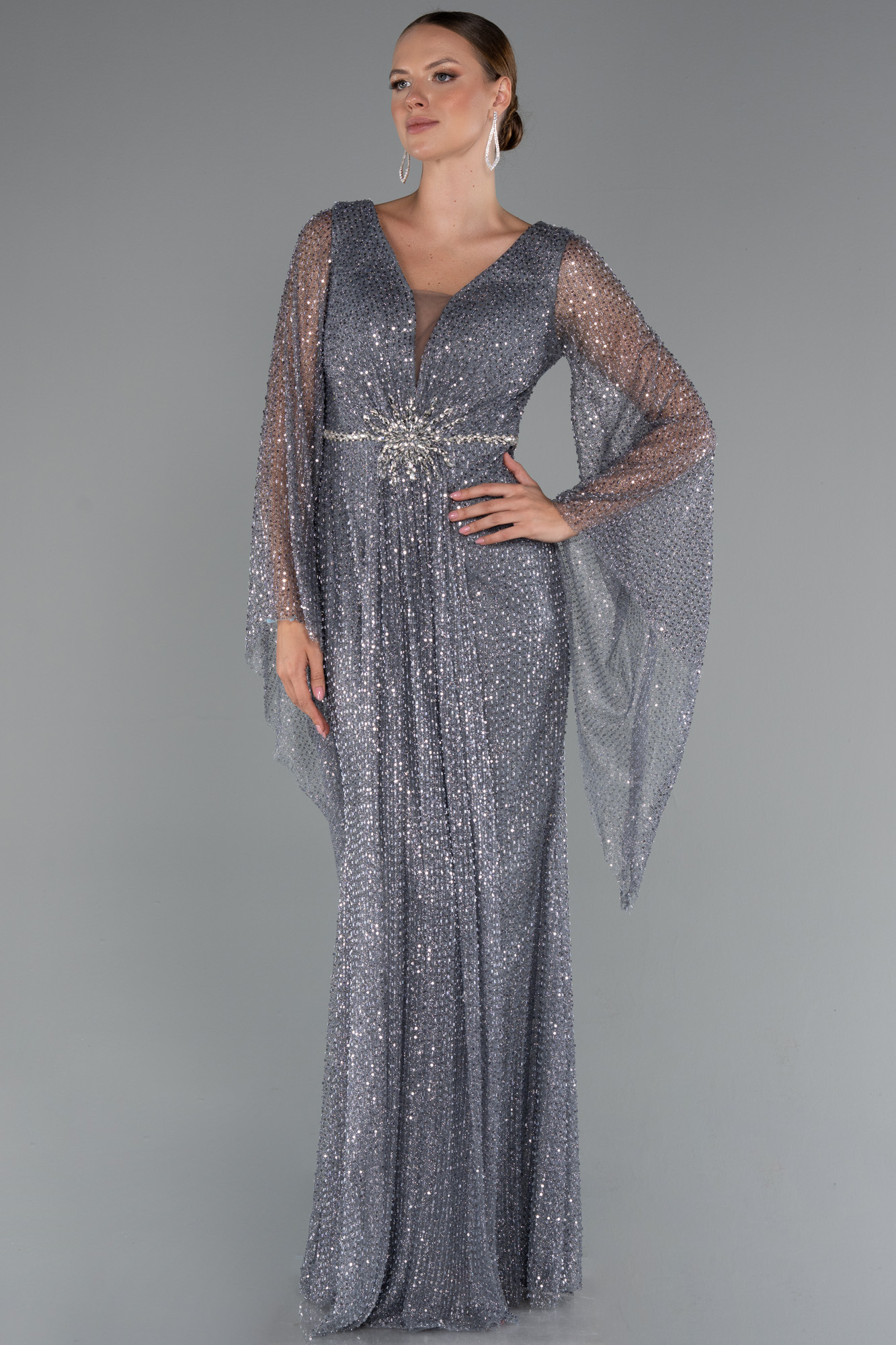 Antrasit Simli Uzun Kol Beli Taşlı Özel Tasarım Abiye ABU5230