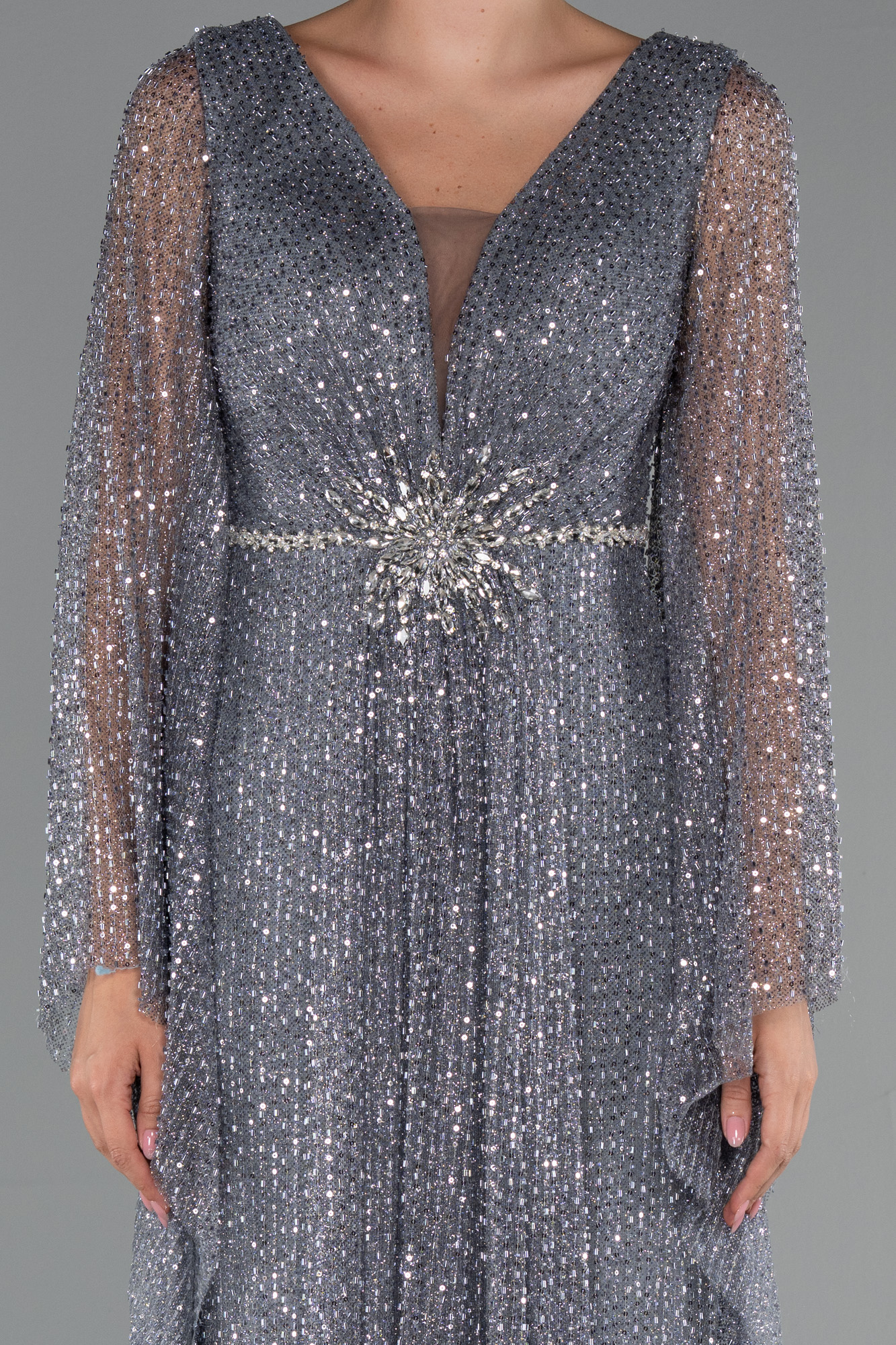 Antrasit Simli Uzun Kol Beli Taşlı Özel Tasarım Abiye ABU5230 - Görsel 3