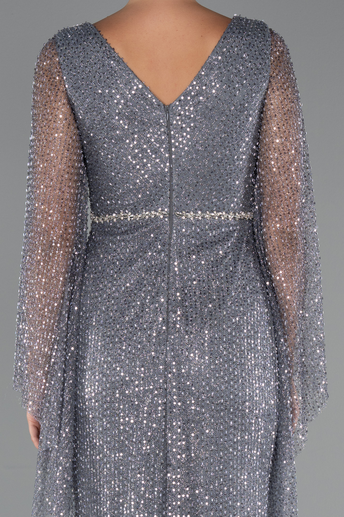 Antrasit Simli Uzun Kol Beli Taşlı Özel Tasarım Abiye ABU5230 - Görsel 4