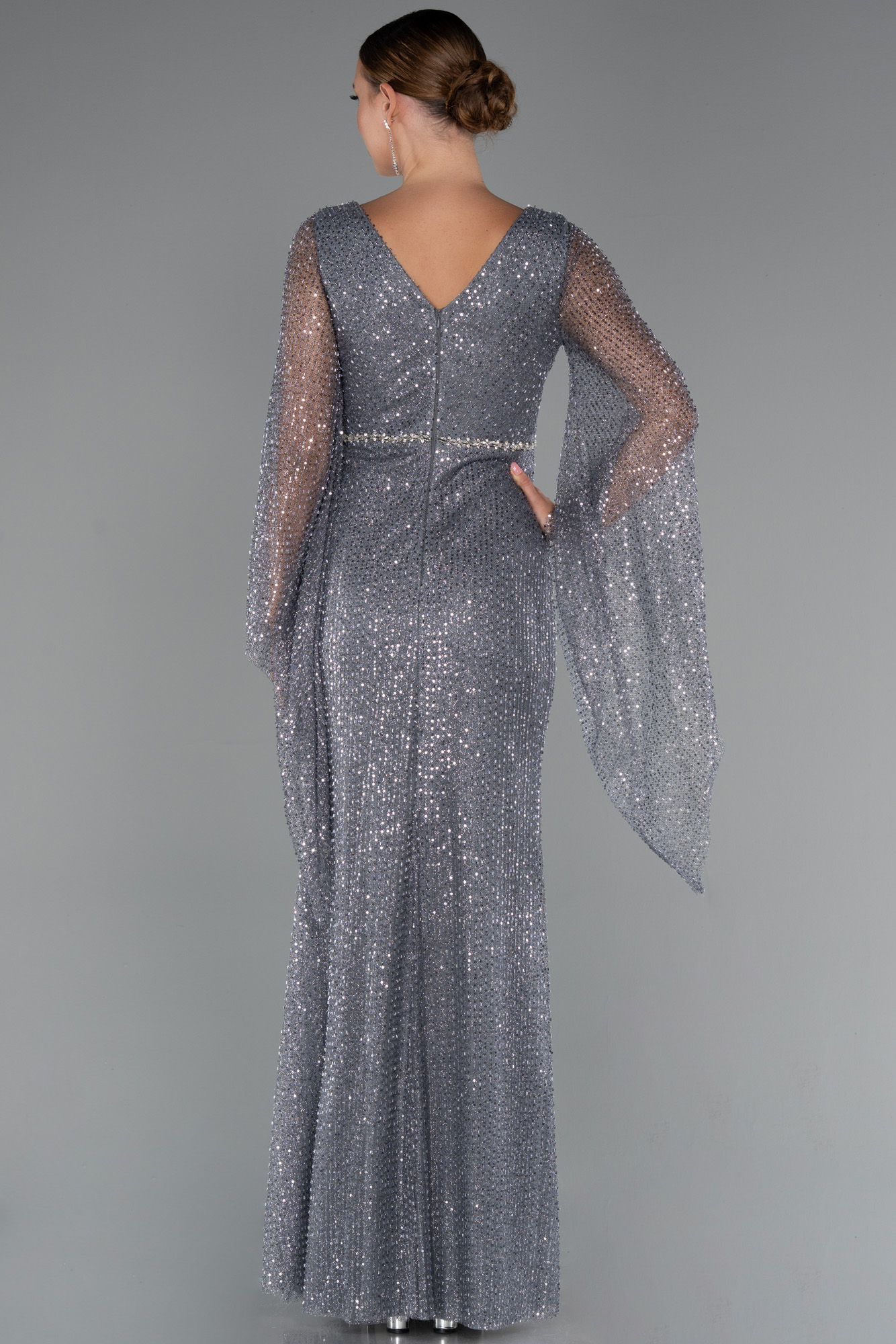 Antrasit Simli Uzun Kol Beli Taşlı Özel Tasarım Abiye ABU5230 - Görsel 2