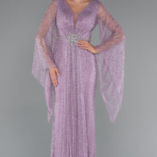 Lavanta Simli Uzun Kol Beli Taşlı Özel Tasarım Abiye ABU5230