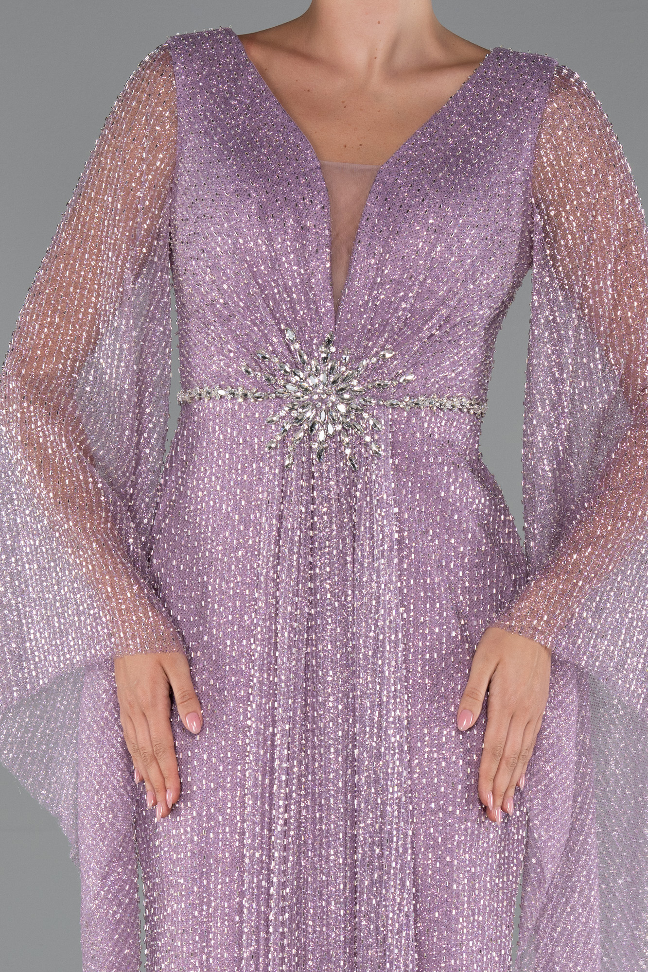 Lavanta Simli Uzun Kol Beli Taşlı Özel Tasarım Abiye ABU5230 - Görsel 3