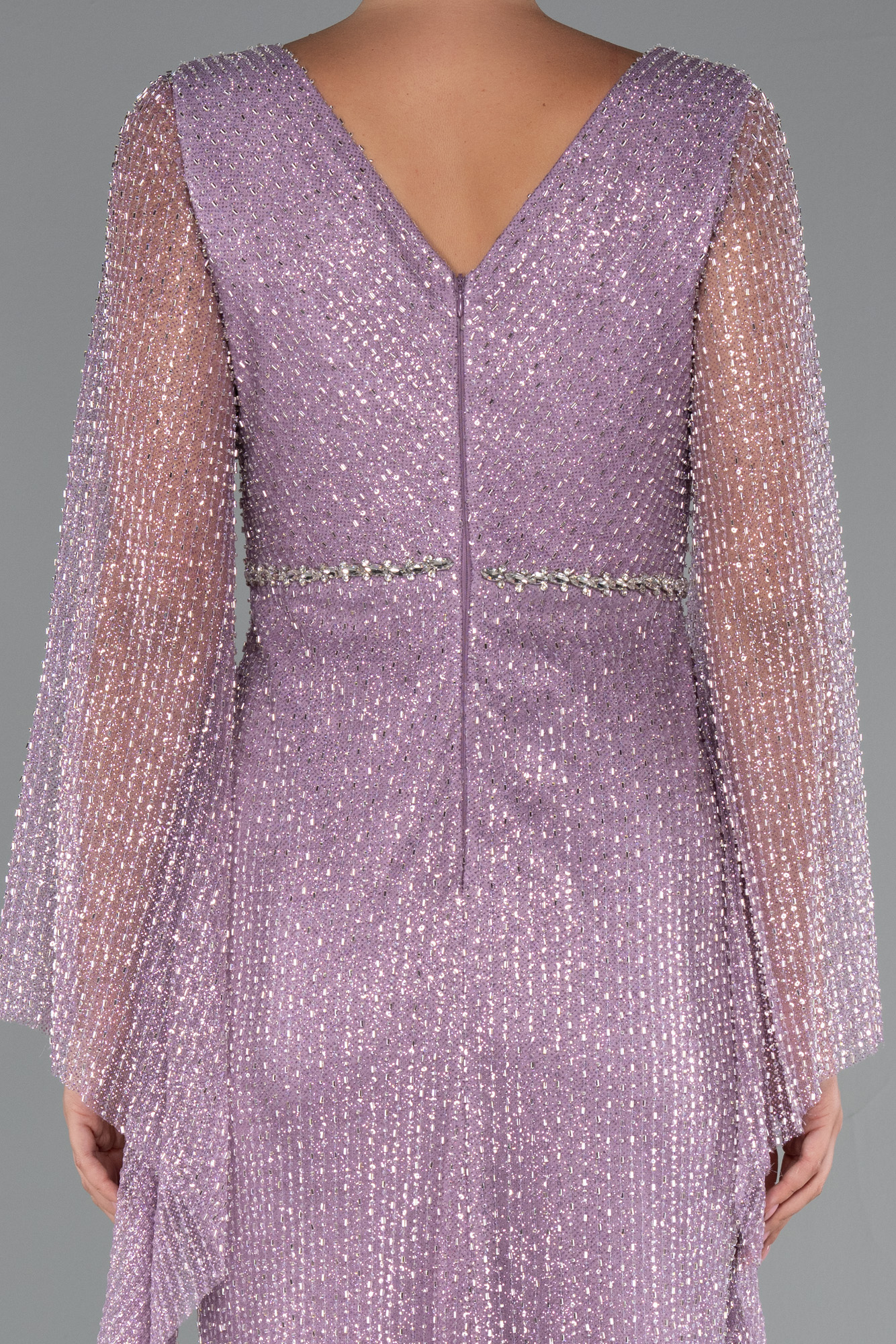 Lavanta Simli Uzun Kol Beli Taşlı Özel Tasarım Abiye ABU5230 - Görsel 4