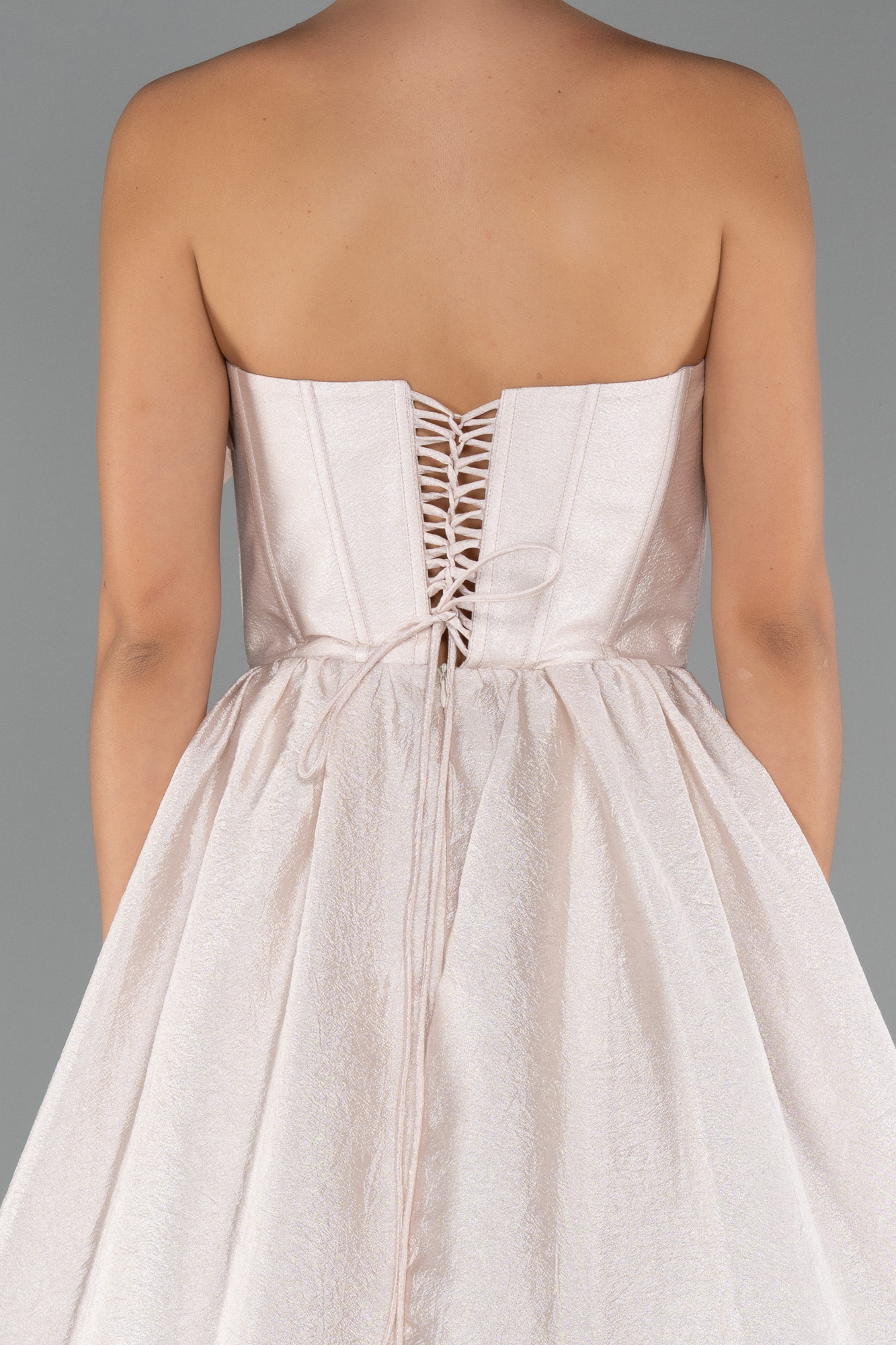 Krem Çiçekli Straplez Yaka Yırtmaçlı Uzun Abiye ABU4337 - Görsel 4