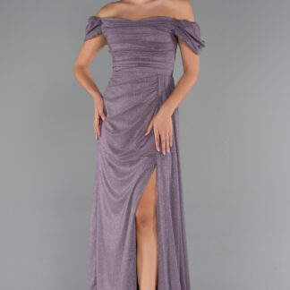 Lavanta Kayık Yaka Bacak Dekolteli Uzun Simli Abiye ABU5250