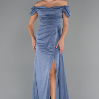 İndigo Kayık Yaka Bacak Dekolteli Uzun Simli Abiye ABU5250