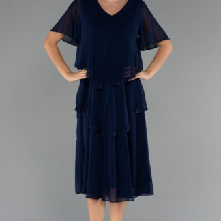 Lacivert Kısa Kol V Yaka Midi Şifon Büyük Beden Abiye ABK2426