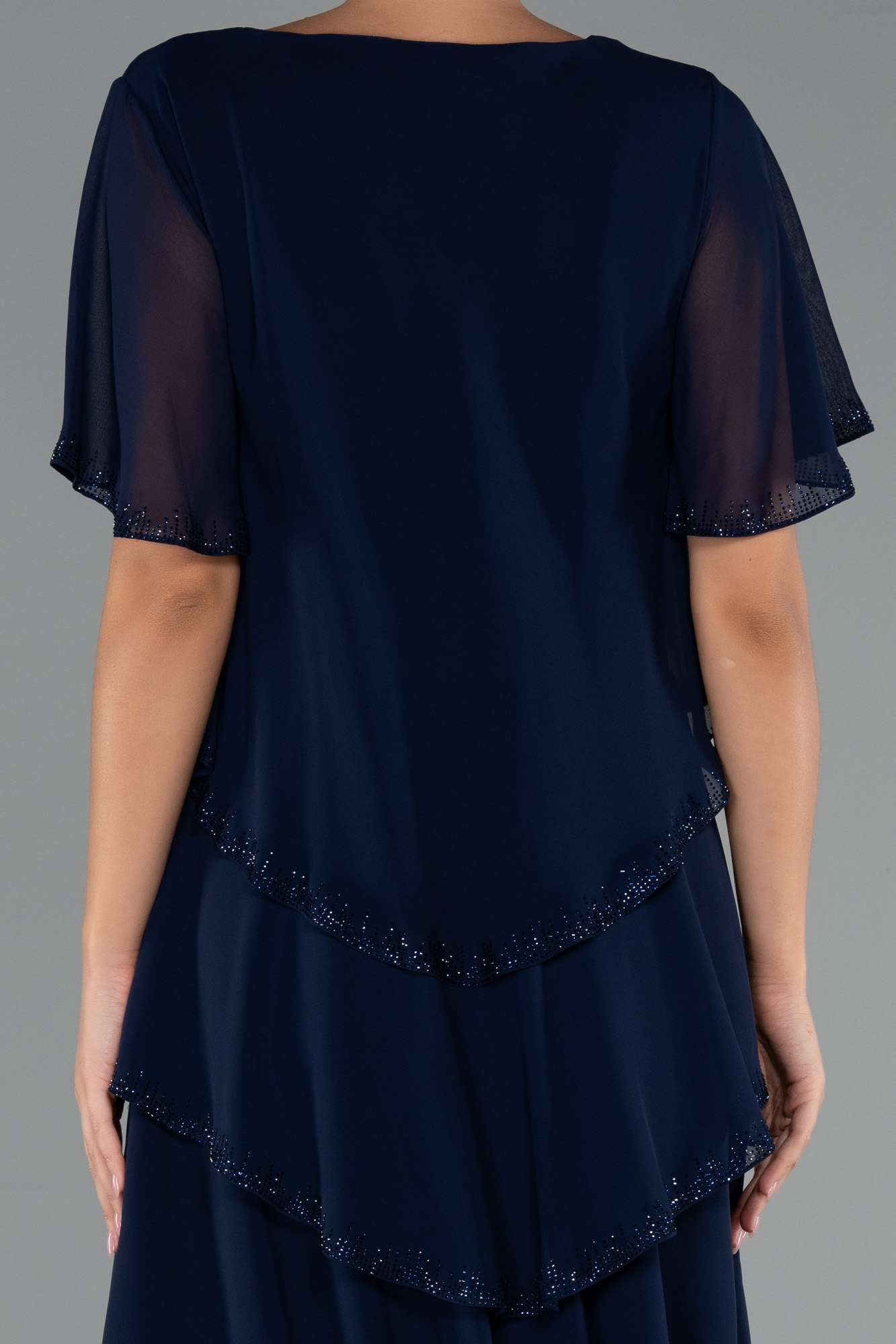 Lacivert Kısa Kol V Yaka Midi Şifon Büyük Beden Abiye ABK2426 - Görsel 4