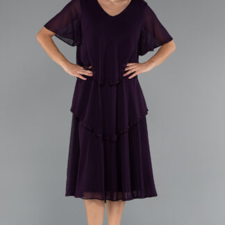 Mor Kısa Kol V Yaka Katlı Midi Şifon Büyük Beden Abiye ABK2426