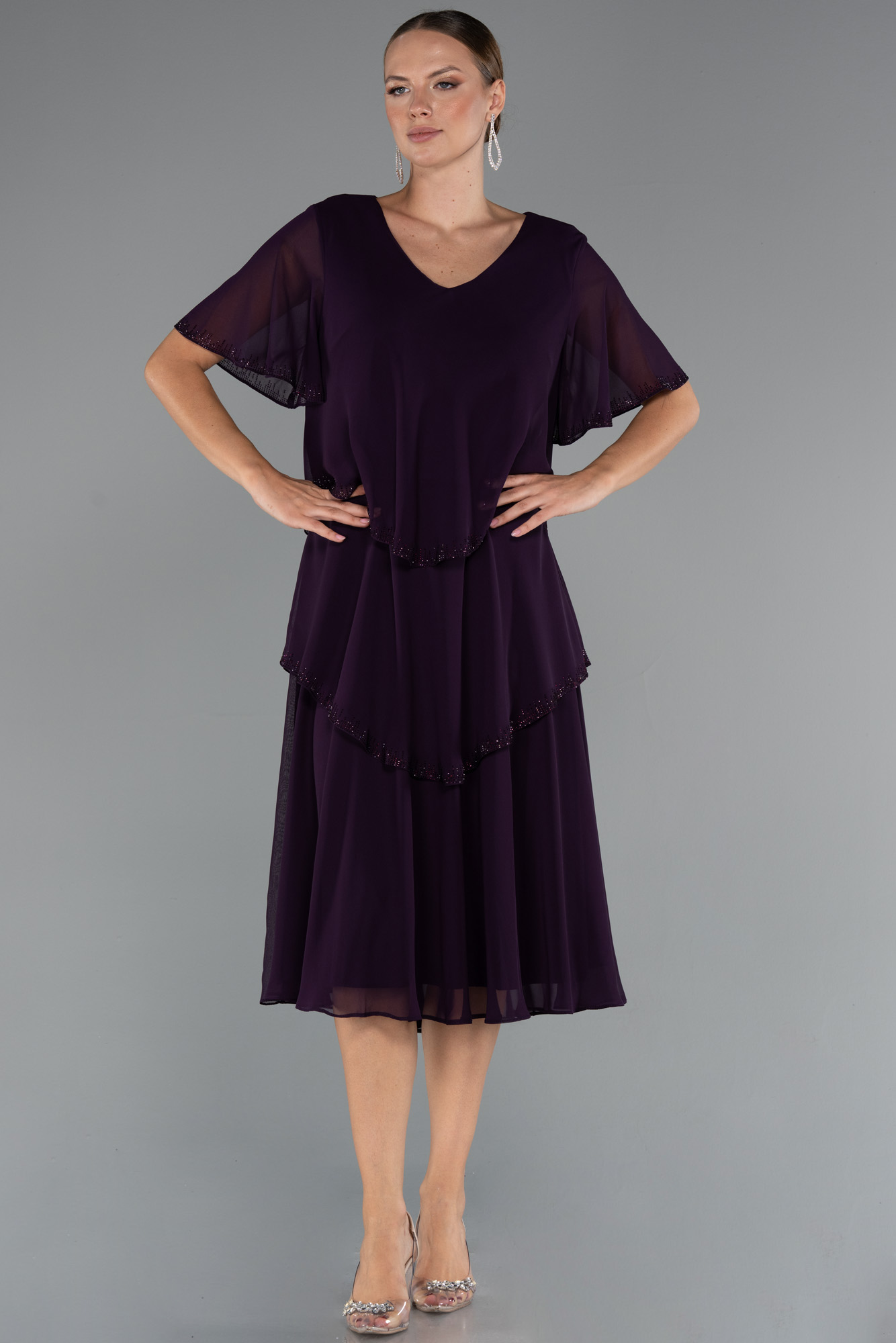 Mor Kısa Kol V Yaka Katlı Midi Şifon Büyük Beden Abiye ABK2426