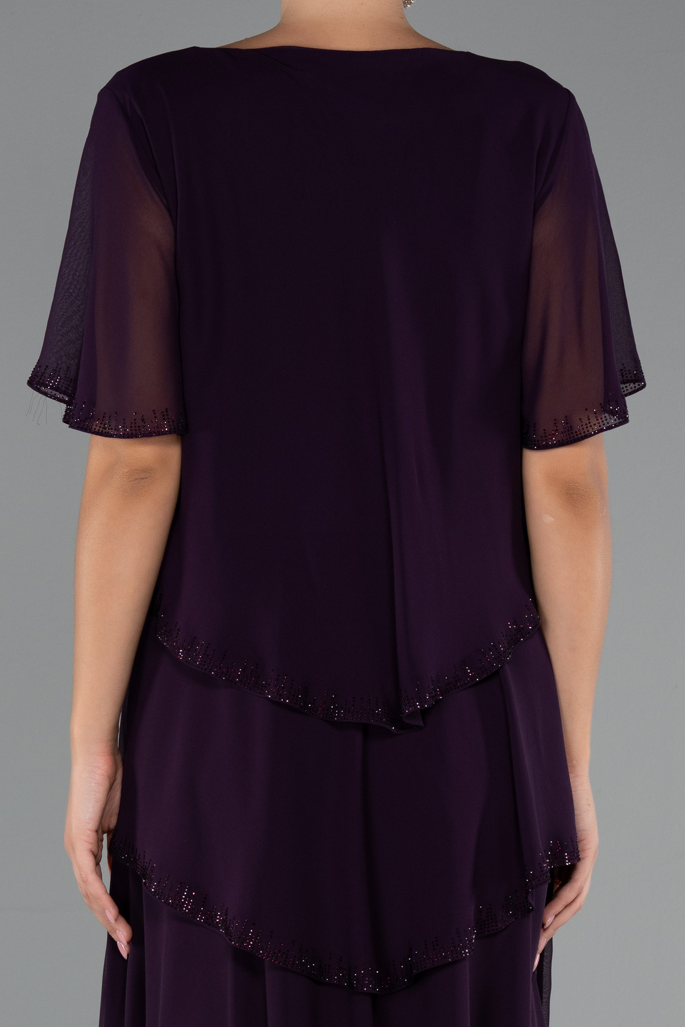 Mor Kısa Kol V Yaka Katlı Midi Şifon Büyük Beden Abiye ABK2426 - Görsel 4